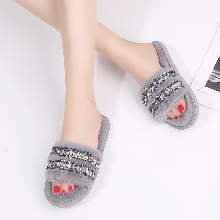 Women's slippers - new autumn 2024 collection: flat, casual, fuzzy cotton slippers with rhinestone and pearl accents - export quality women's footwear