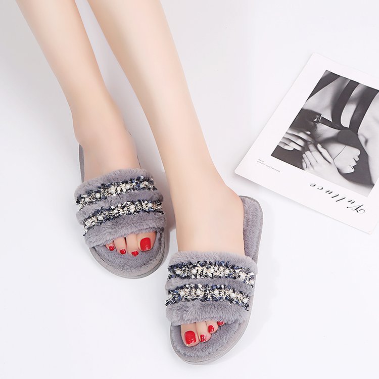 Women's slippers - new autumn 2024 collection: flat, casual, fuzzy cotton slippers with rhinestone and pearl accents - export quality women's footwear