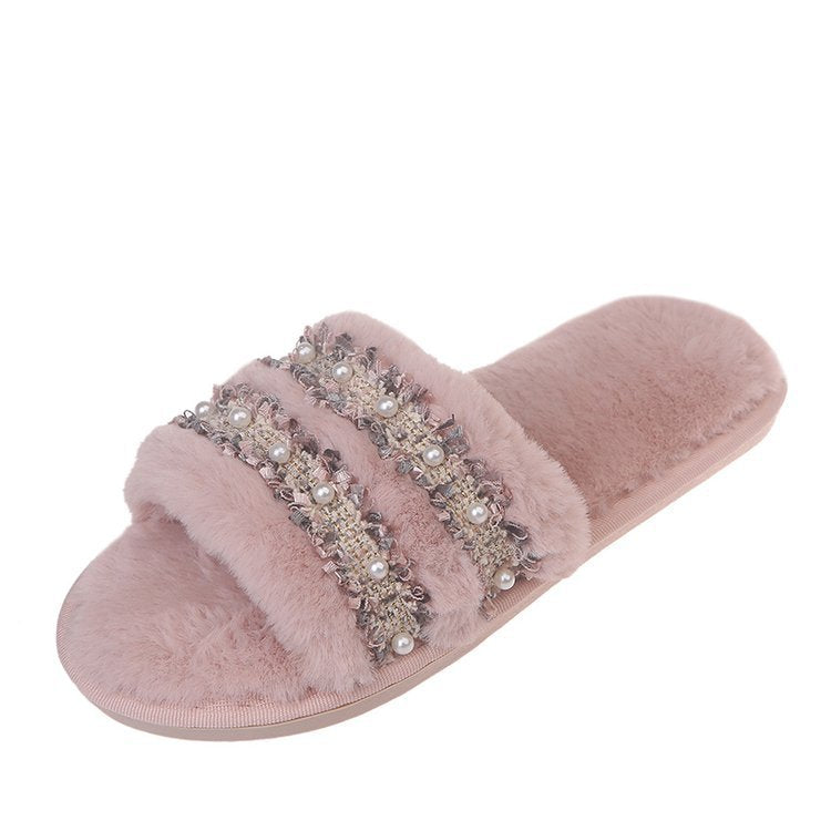 Women's slippers - new autumn 2024 collection: flat, casual, fuzzy cotton slippers with rhinestone and pearl accents - export quality women's footwear