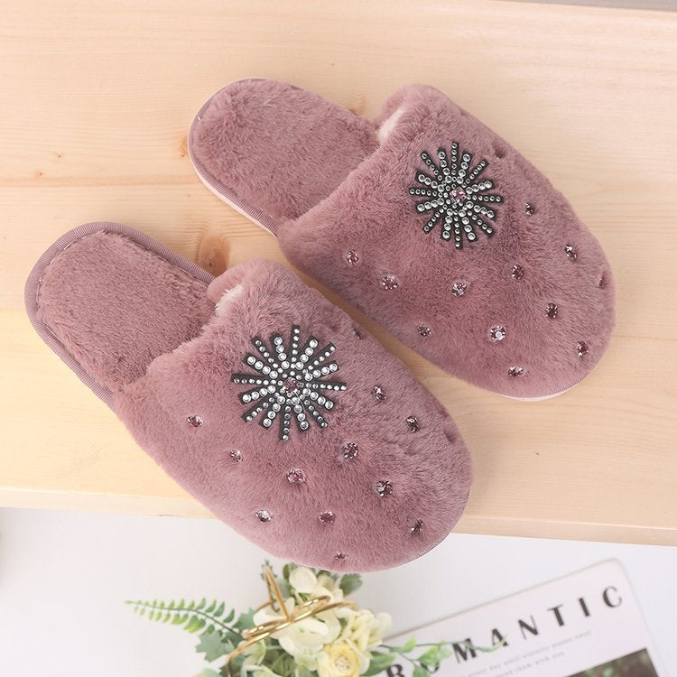 Autumn winter indoor and outdoor home rhinestone women's cotton slippers baotou new arrival wool slippers home heattechstuffed slippers