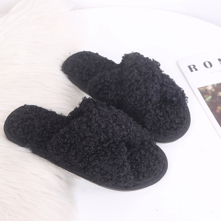 Autumn winter home candy color outdoor one-line furry slippers women open toe slippers home cotton slippers women's hair