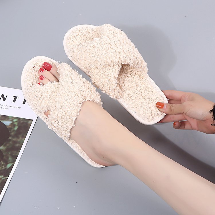 Autumn winter home candy color outdoor one-line furry slippers women open toe slippers home cotton slippers women's hair