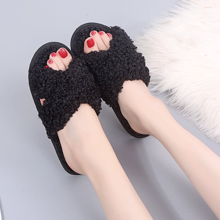 Autumn winter home candy color outdoor one-line furry slippers women open toe slippers home cotton slippers women's hair