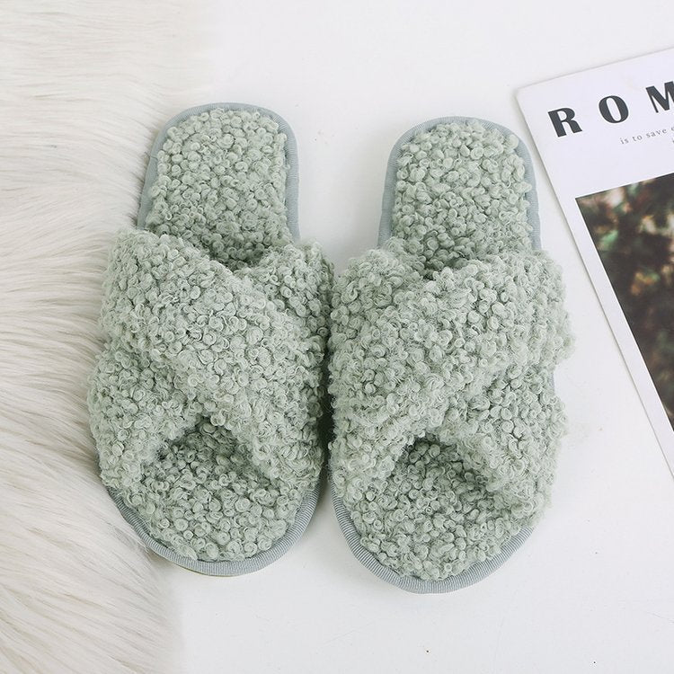 Autumn winter home candy color outdoor one-line furry slippers women open toe slippers home cotton slippers women's hair