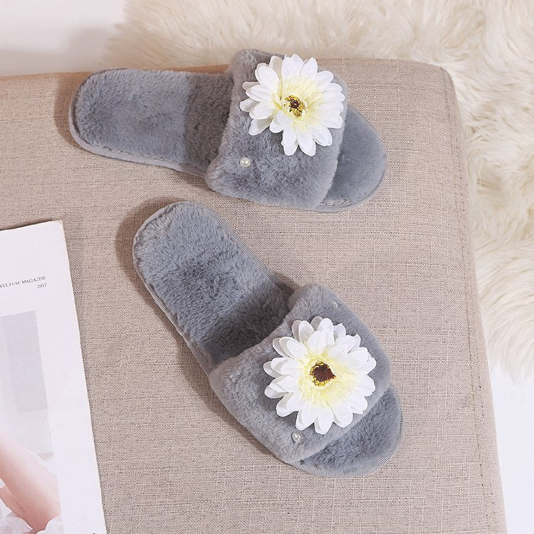 2024 fall/winter new arrivals: floral faux rabbit fur plush cotton slippers - soft sole, open-toe, fluffy slippers for women - dropshipping available