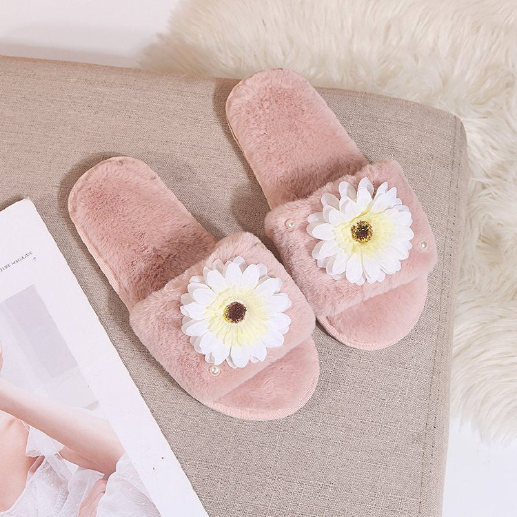 2024 fall/winter new arrivals: floral faux rabbit fur plush cotton slippers - soft sole, open-toe, fluffy slippers for women - dropshipping available