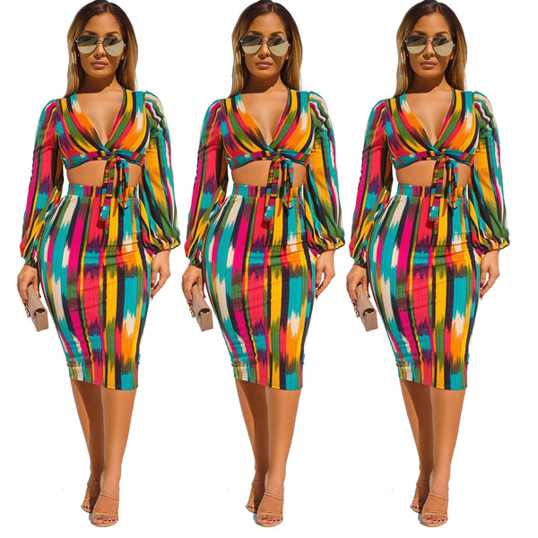 YZ1136 European and American  women's clothing    tie-dye color striped lace-up waist two-piece set