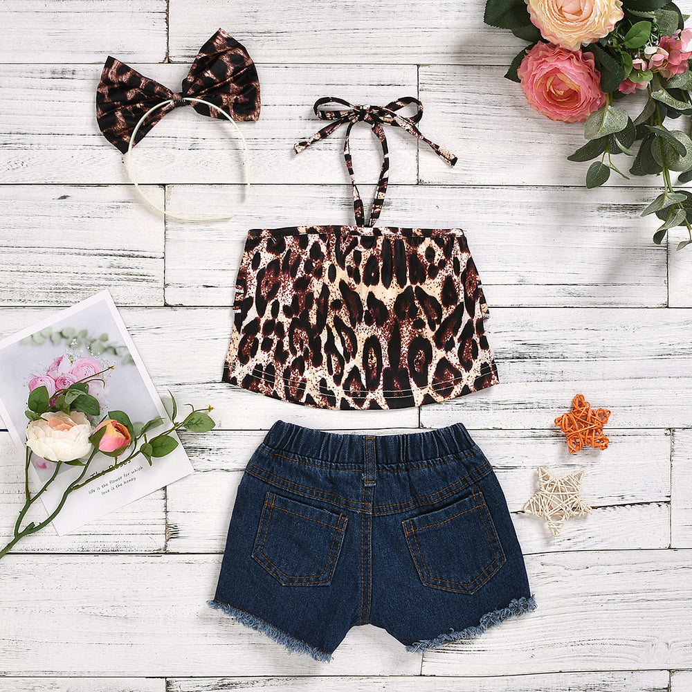 export children's clothing leopard print tie-back ruffle top + sequin-embellished denim shorts set