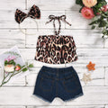 export children's clothing leopard print tie-back ruffle top + sequin-embellished denim shorts set