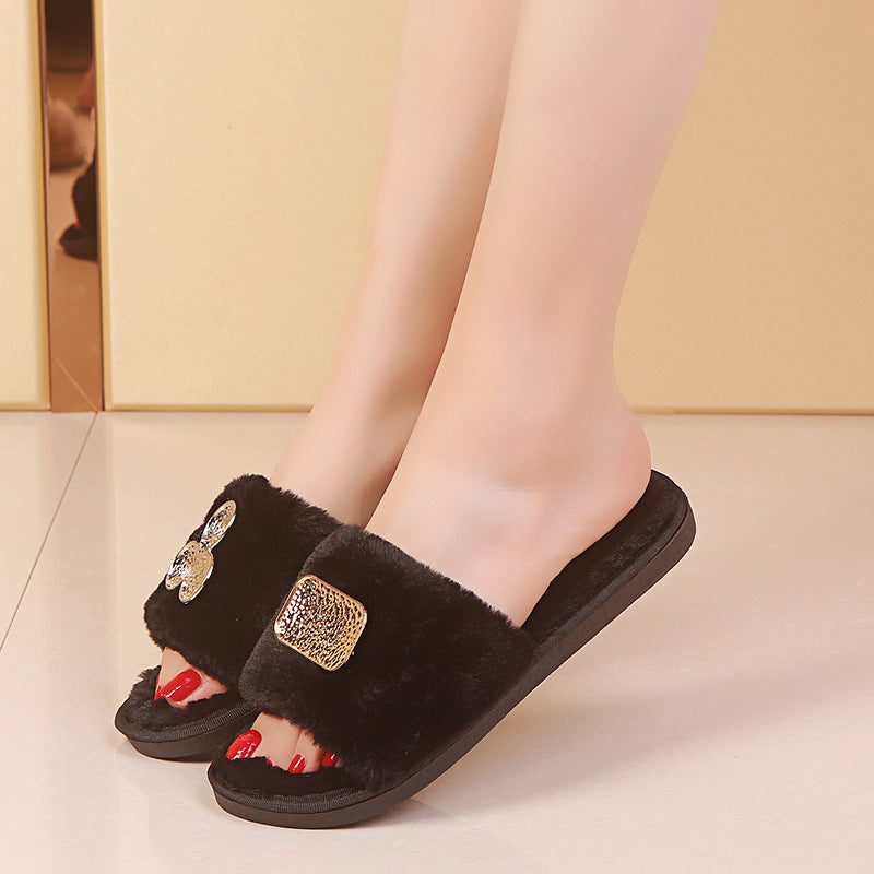 Furry slippers women's fashion outwear 2024new arrivalk-style women's shoes flatspopular same style open toe slippers women