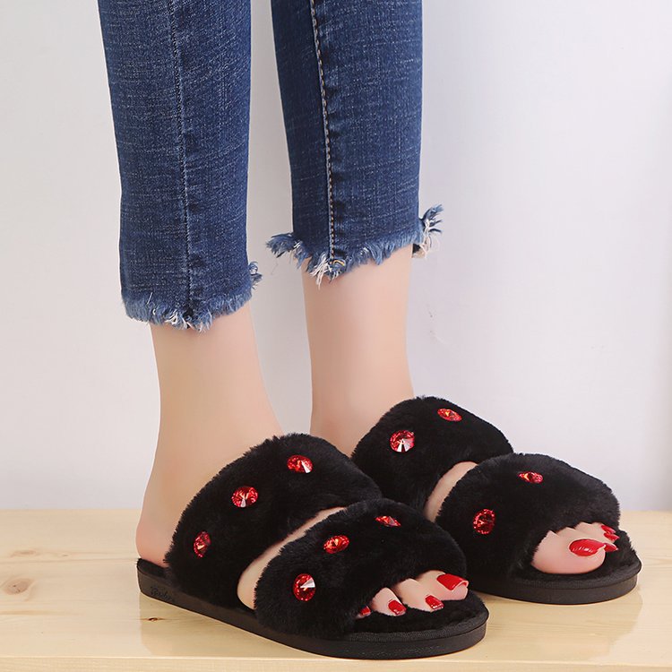 2024 new autumn rhinestone korean style fashionable outerwear chic harajuku fuzzy slippers social flat half slippers women's shoes