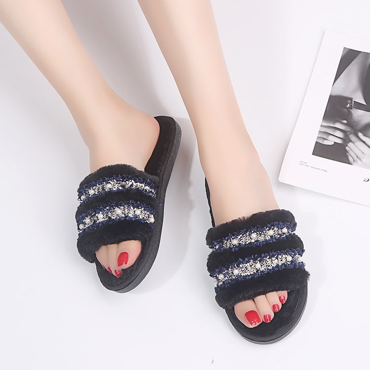 Women's slippers - new autumn 2024 collection: flat, casual, fuzzy cotton slippers with rhinestone and pearl accents - export quality women's footwear