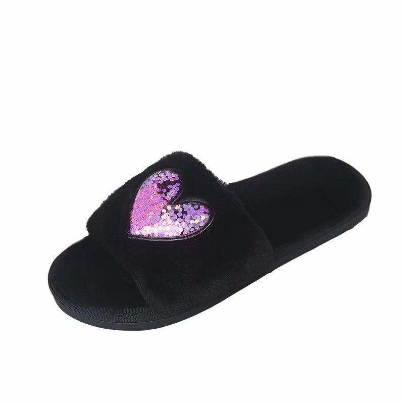 2024 autumn/winter fuzzy slippers for women - cute heart-shaped fuzzy outdoor slides, fresh & chic flat one-strap slides, trendy ins style