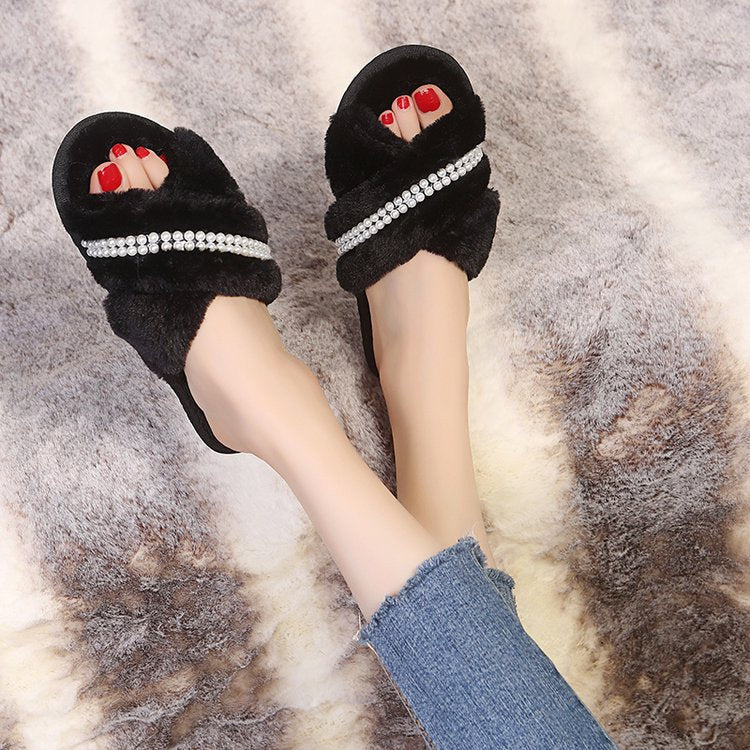 Women's shoes 2024 new korean style fuzzy slippers women's outdoor wear popular fashion pearl chic trendy shoes flat bottom sandals