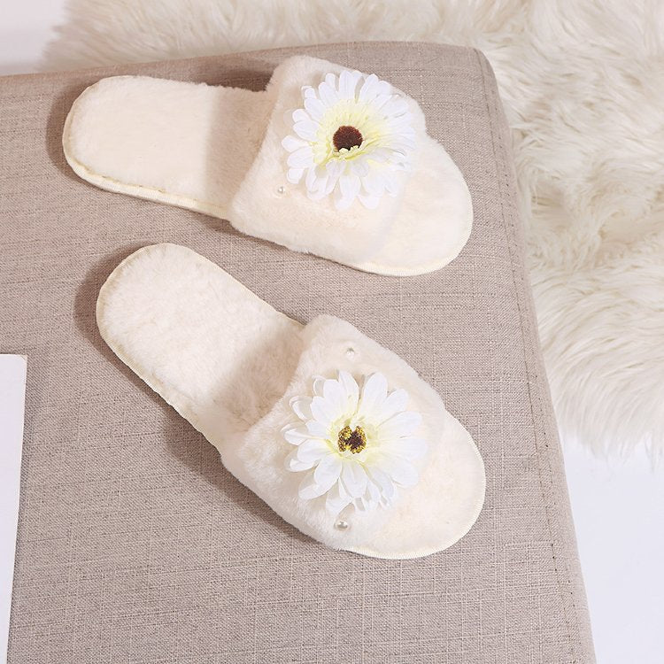 2024 fall/winter new arrivals: floral faux rabbit fur plush cotton slippers - soft sole, open-toe, fluffy slippers for women - dropshipping available