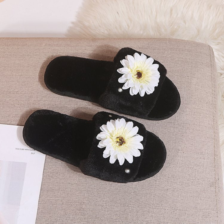 2024 fall/winter new arrivals: floral faux rabbit fur plush cotton slippers - soft sole, open-toe, fluffy slippers for women - dropshipping available