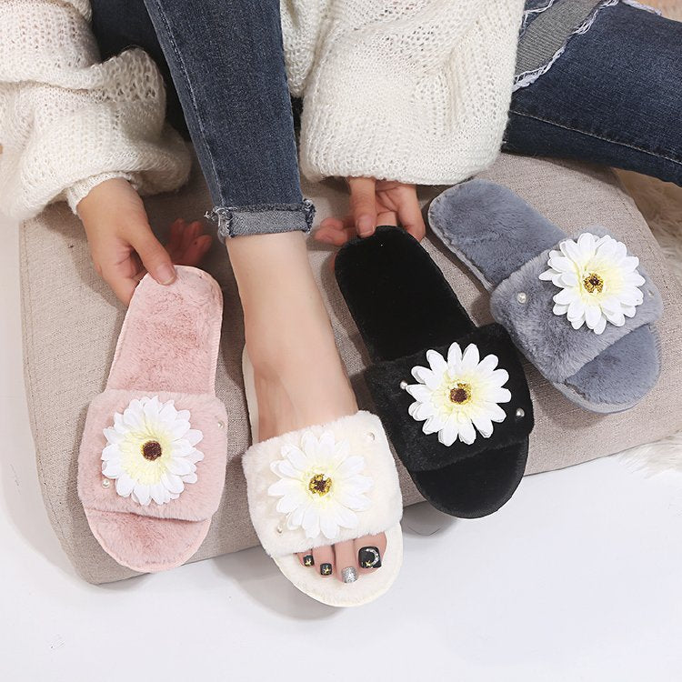 2024 fall/winter new arrivals: floral faux rabbit fur plush cotton slippers - soft sole, open-toe, fluffy slippers for women - dropshipping available