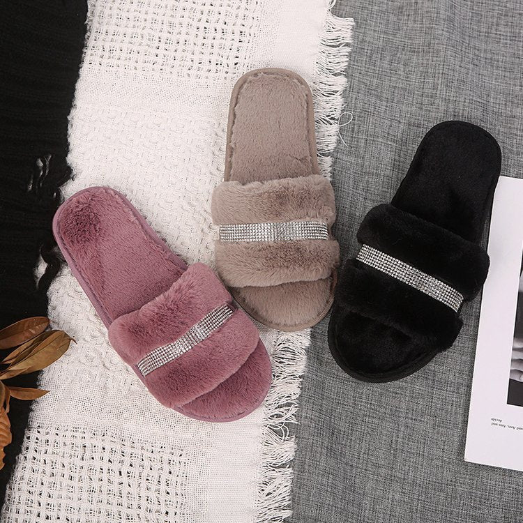 2024 fall/winter women's flat slippers - rhinestone embellished indoor/outdoor new style one-strap fuzzy slippers - dropshipping available