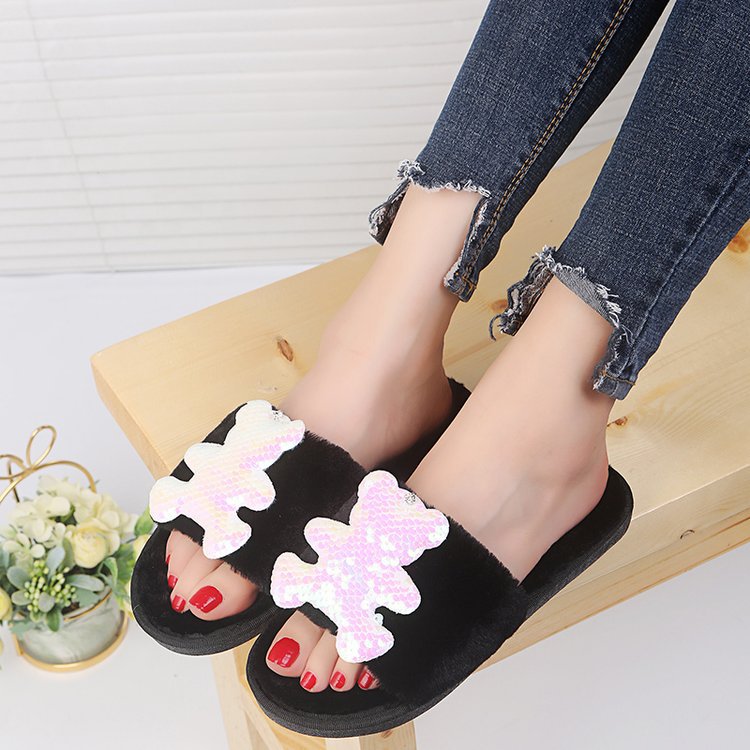 2024 autumn/winter new collection: women's fashionable casual one-strap slippers - plush suede bear design