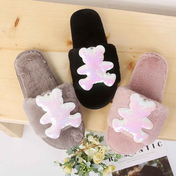 2024 autumn/winter new collection: women's fashionable casual one-strap slippers - plush suede bear design