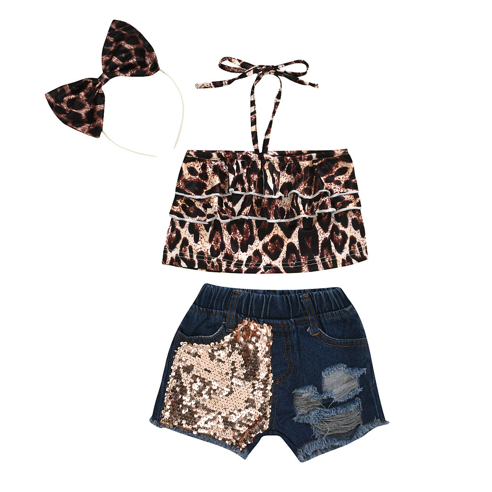export children's clothing leopard print tie-back ruffle top + sequin-embellished denim shorts set