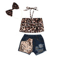 export children's clothing leopard print tie-back ruffle top + sequin-embellished denim shorts set