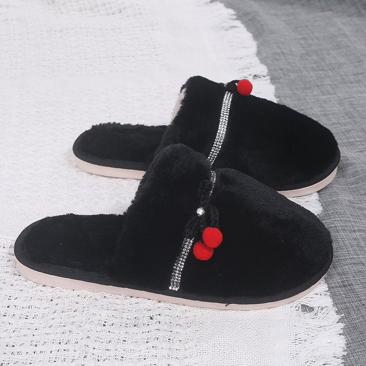 Winter indoor baotou fleece-lined confinement shoes parent-child bows home shoes rhinestone heattechflats cotton slippers