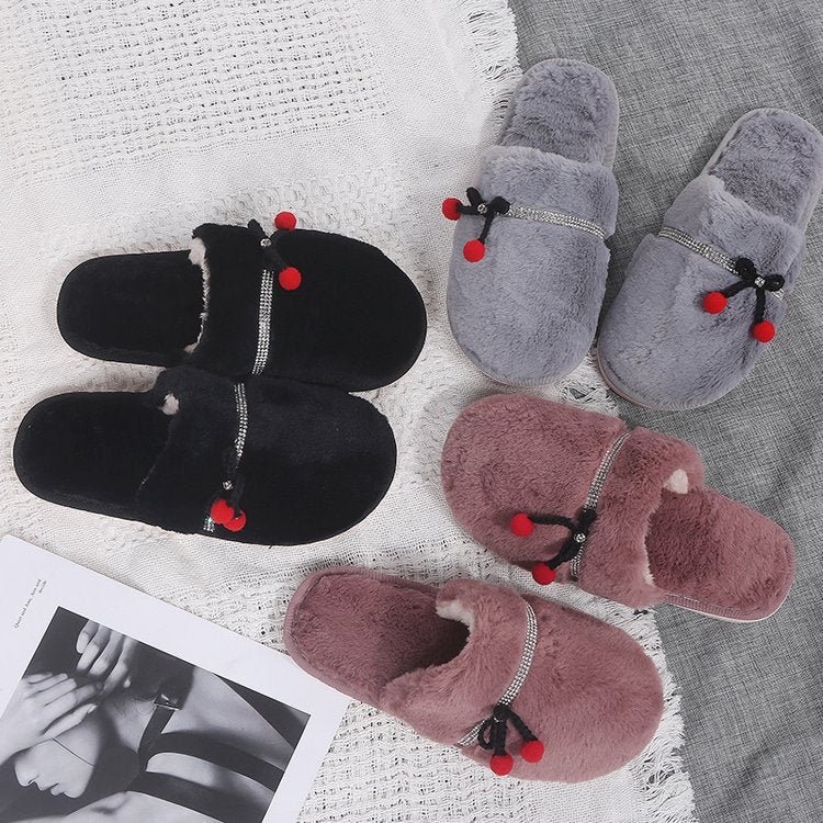 Winter indoor baotou fleece-lined confinement shoes parent-child bows home shoes rhinestone heattechflats cotton slippers
