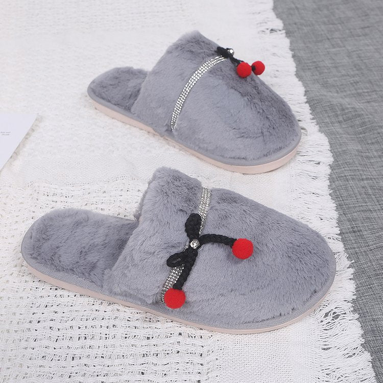 Winter indoor baotou fleece-lined confinement shoes parent-child bows home shoes rhinestone heattechflats cotton slippers