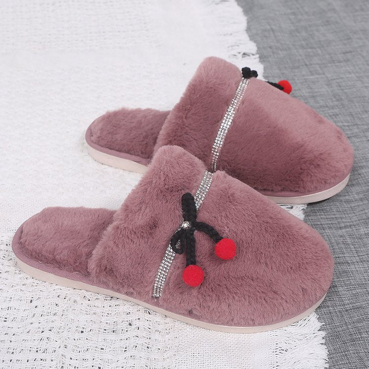 Winter indoor baotou fleece-lined confinement shoes parent-child bows home shoes rhinestone heattechflats cotton slippers