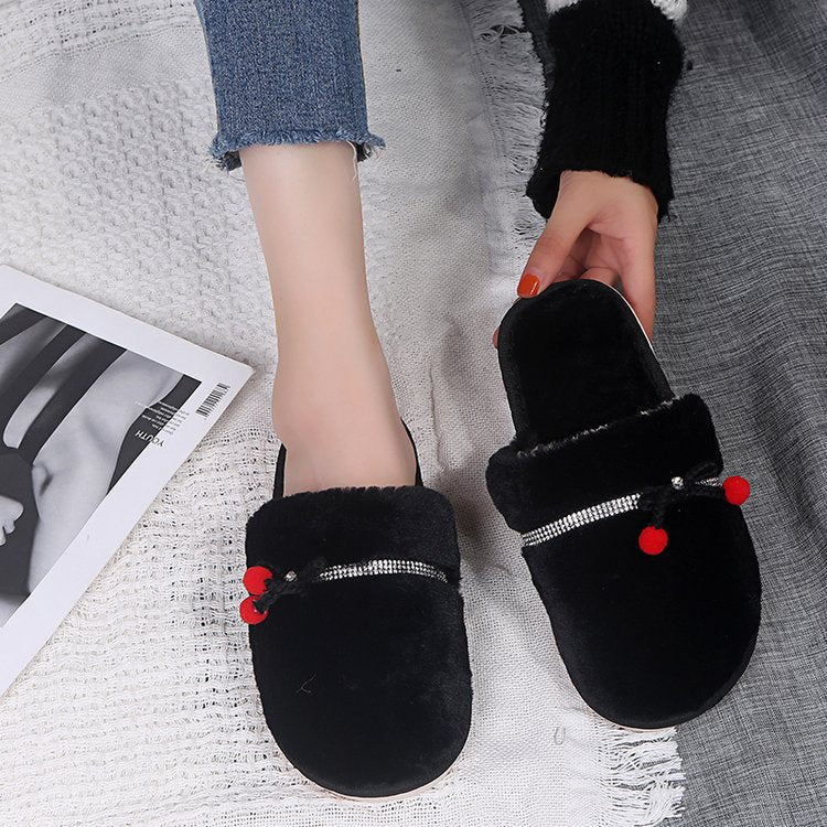 Winter indoor baotou fleece-lined confinement shoes parent-child bows home shoes rhinestone heattechflats cotton slippers