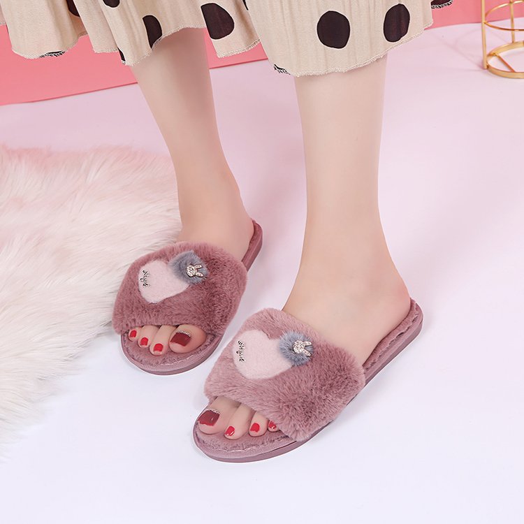 Autumn winternew arrival season home stuffed slippers women's heart-shaped open toe fur slippers heattech soft bottom cotton slippers