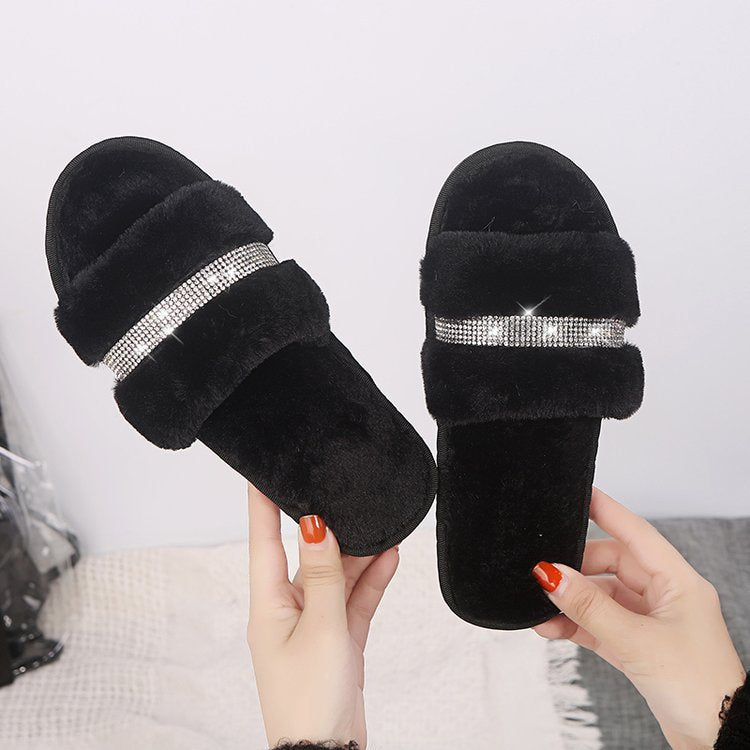 2024 fall/winter women's flat slippers - rhinestone embellished indoor/outdoor new style one-strap fuzzy slippers - dropshipping available