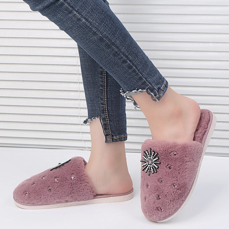Autumn winter indoor and outdoor home rhinestone women's cotton slippers baotou new arrival wool slippers home heattechstuffed slippers