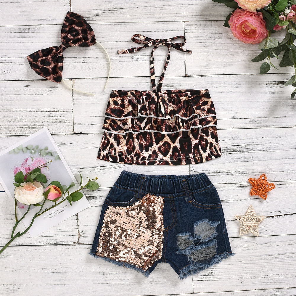 export children's clothing leopard print tie-back ruffle top + sequin-embellished denim shorts set