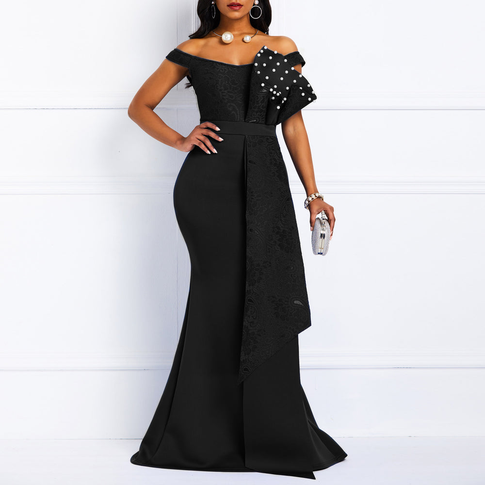 spring/summer new arrival: cross-border ins style irregular lace off-the-shoulder handmade ruffle beaded bodycon dress