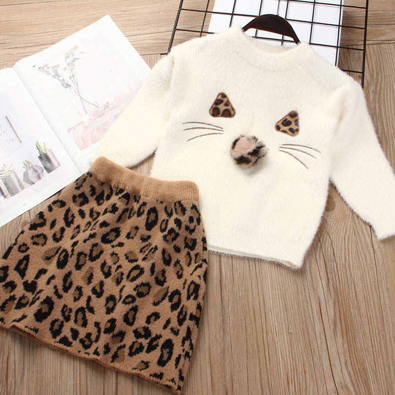 Girls' mink fleece sweater set - new  autumn/winter collection: cat embroidery long sleeve top & leopard print skirt two-piece outfit
