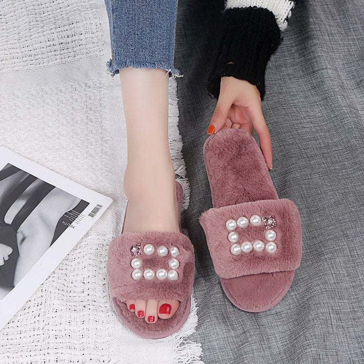 Factory direct new cotton slippers pearl plush slippers women's korean style fuzzy slippers dropshipping available