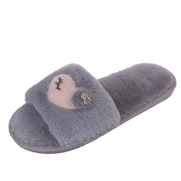 Autumn winternew arrival season home stuffed slippers women's heart-shaped open toe fur slippers heattech soft bottom cotton slippers