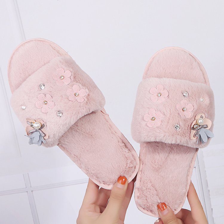 Fall and winternew arrivalstuffed open-toe slippers handmade pearl rhinestone white women's home flower flip-flops heattech