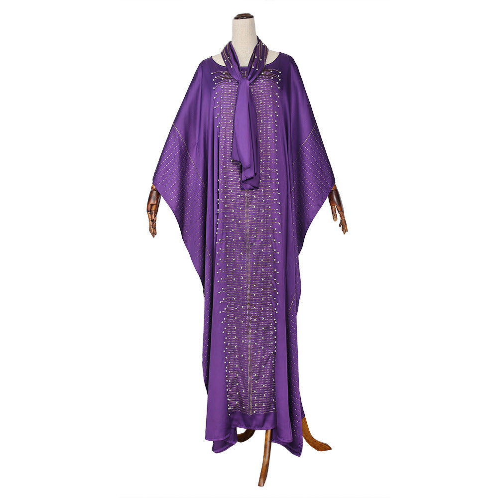african plus size women's clothing heavy industry hot diamond beading silk satin round neck wide bat sleeve robe matching headscarf