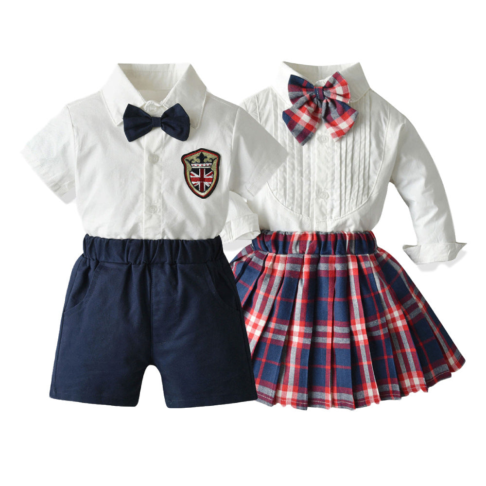 Korean children's clothing  new arrival: boys' and girls' school style white shirt with classic plaid children's suit