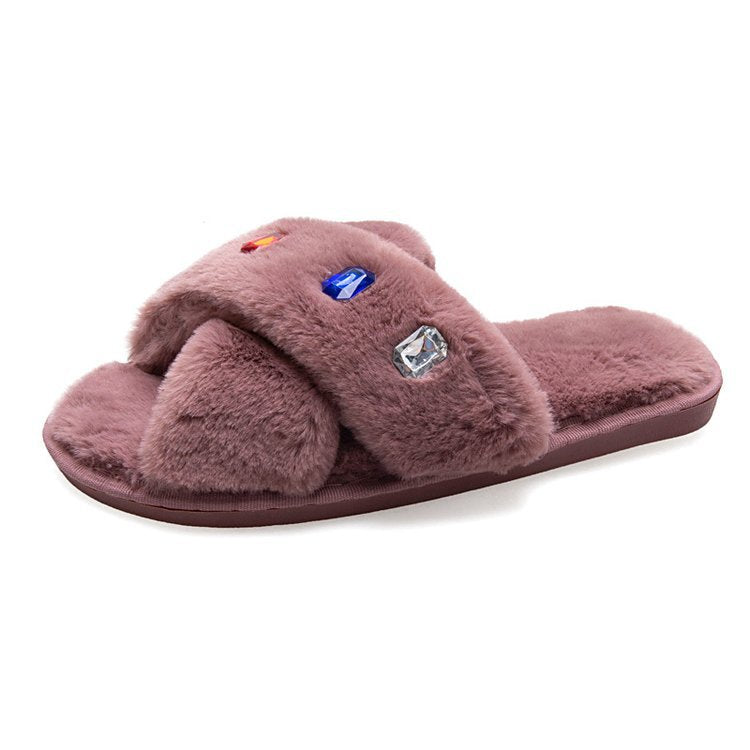 Export 2024new arrivalall year round slippers women's flats cross stuffed indoor home open rhinestone fur slippers cotton slippers