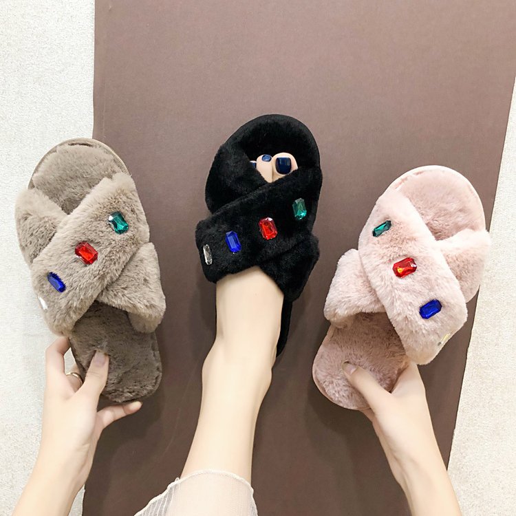 Export 2024new arrivalall year round slippers women's flats cross stuffed indoor home open rhinestone fur slippers cotton slippers
