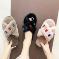 Export 2024new arrivalall year round slippers women's flats cross stuffed indoor home open rhinestone fur slippers cotton slippers
