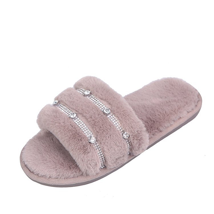 New women's fuzzy slippers wholesale - korean style one-strap cotton slippers, home & outdoor wear, rhinestone flat bottom plush slippers for women