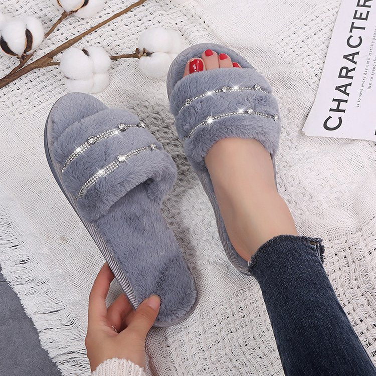New women's fuzzy slippers wholesale - korean style one-strap cotton slippers, home & outdoor wear, rhinestone flat bottom plush slippers for women