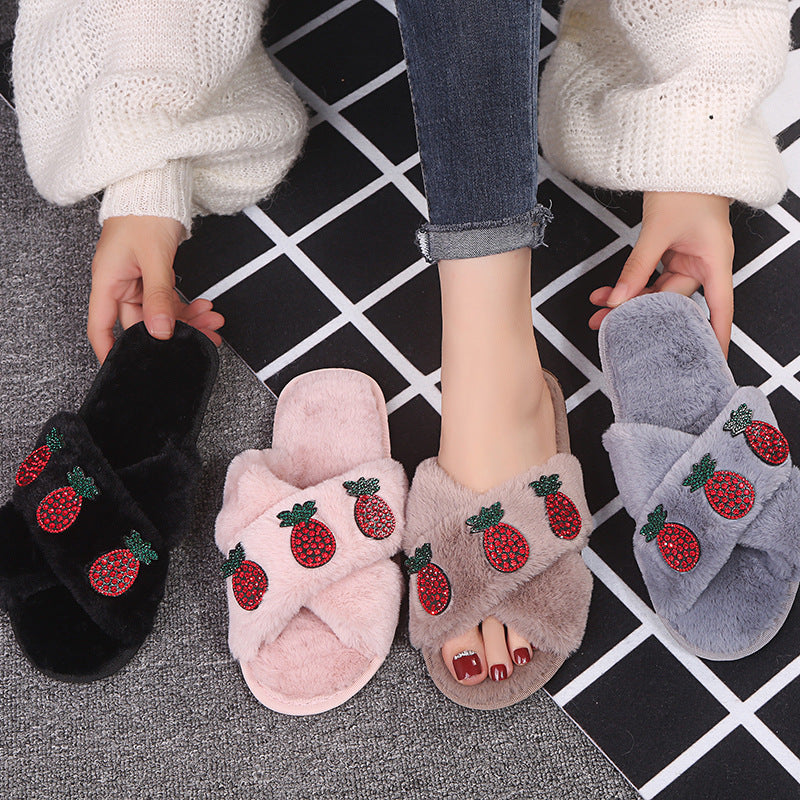 Furry slippers for women outwear 2024 autumn winternew arrivalpopularfashion rhinestone pineapple cross fur slippers ins trend