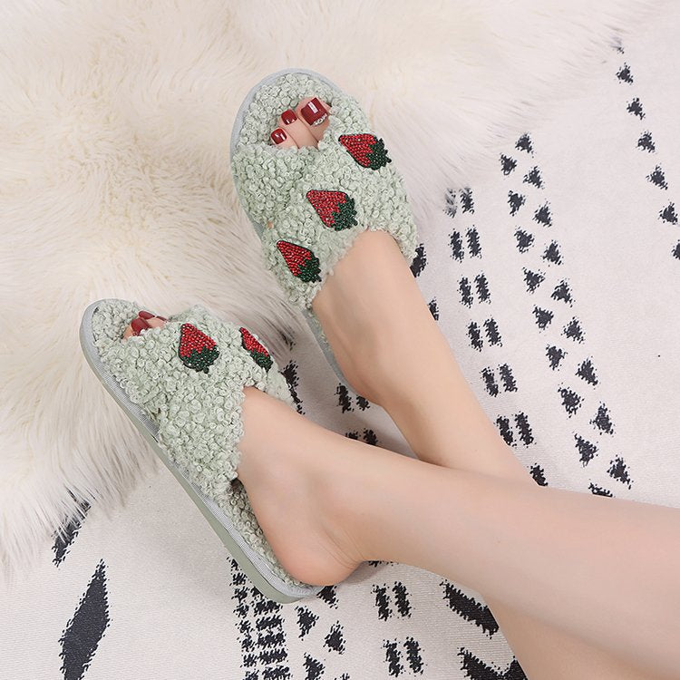 Women's slippers - 2024 autumn/winter collection: korean style fashionable lambswool thong sandals, cross-strap flat, lazy slippers
