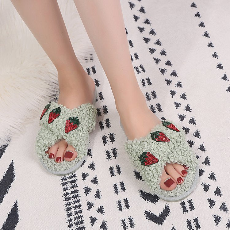 Women's slippers - 2024 autumn/winter collection: korean style fashionable lambswool thong sandals, cross-strap flat, lazy slippers